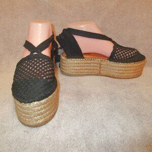 Free People Frida Platform Sandals Size 7.5 38 Espadrille Lace Up Woven Crochet